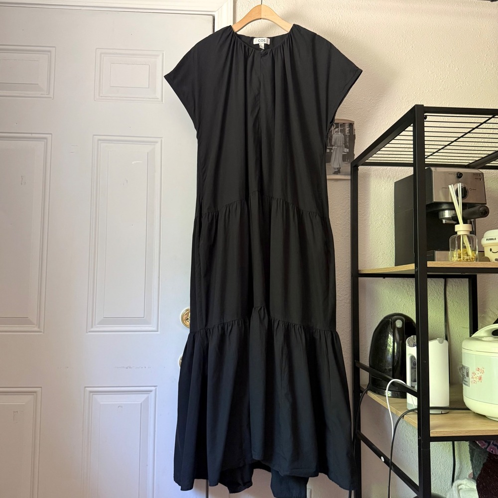COS black cotton tiered short sleeve midi maxi dress
